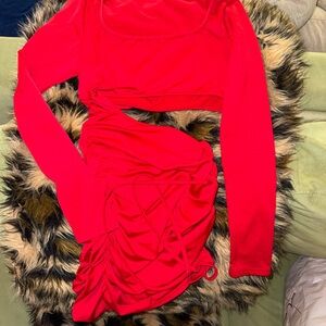 Red Long Sleeve Crop Top and Skirt Set